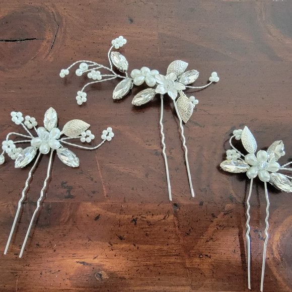 David's Bridal Rhinestone floral hair pins set of 3 - Picture 1 of 5